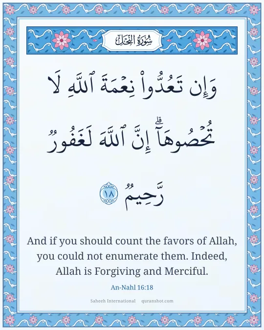 An-Nahl 16:18 — وَإِن تَعُدُّوا۟ نِعْمَةَ ٱللَّهِ لَا تُحْصُوهَآ ۗ إِنَّ ٱللَّهَ لَغَفُورٌ رَّحِيمٌ