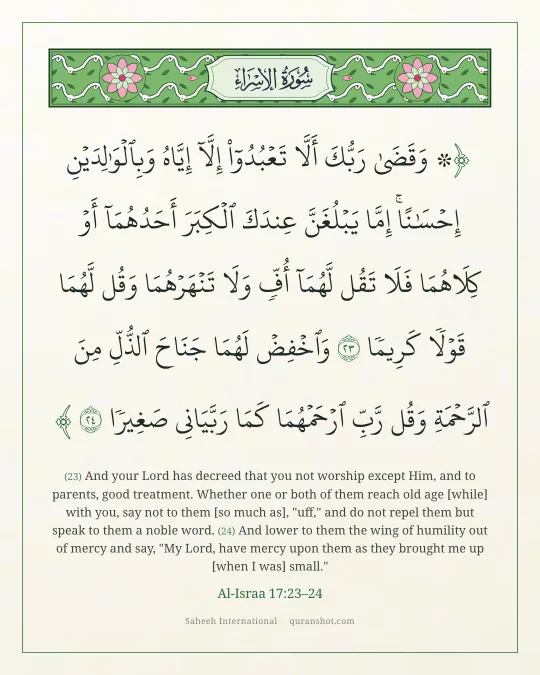 Al-Israa 17:23–24 — ۞ وَقَضَىٰ رَبُّكَ أَلَّا تَعْبُدُوٓا۟ إِلَّآ إِيَّاهُ وَبِٱلْوَٰلِدَيْنِ إِحْسَـٰنًا ۚ إِمَّا يَبْلُغَنَّ عِندَكَ ٱلْكِبَرَ أَحَدُهُمَآ أَوْ كِلَاهُمَا فَلَا تَقُل لَّهُمَآ أُفٍّ وَلَا تَنْهَرْهُمَا وَقُل لَّهُمَا قَوْلًا كَرِيمًا وَٱخْفِضْ لَهُمَا جَنَاحَ ٱلذُّلِّ مِنَ ٱلرَّحْمَةِ وَقُل رَّبِّ ٱرْحَمْهُمَا كَمَا رَبَّيَانِى صَغِيرًا