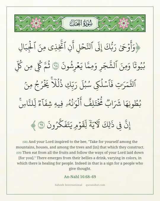 An-Nahl 16:68–69 — وَأَوْحَىٰ رَبُّكَ إِلَى ٱلنَّحْلِ أَنِ ٱتَّخِذِى مِنَ ٱلْجِبَالِ بُيُوتًا وَمِنَ ٱلشَّجَرِ وَمِمَّا يَعْرِشُونَ ثُمَّ كُلِى مِن كُلِّ ٱلثَّمَرَٰتِ فَٱسْلُكِى سُبُلَ رَبِّكِ ذُلُلًا ۚ يَخْرُجُ مِنۢ بُطُونِهَا شَرَابٌ مُّخْتَلِفٌ أَلْوَٰنُهُۥ فِيهِ شِفَآءٌ لِّلنَّاسِ ۗ إِنَّ فِى ذَٰلِكَ لَـَٔايَةً لِّقَوْمٍ يَتَفَكَّرُونَ