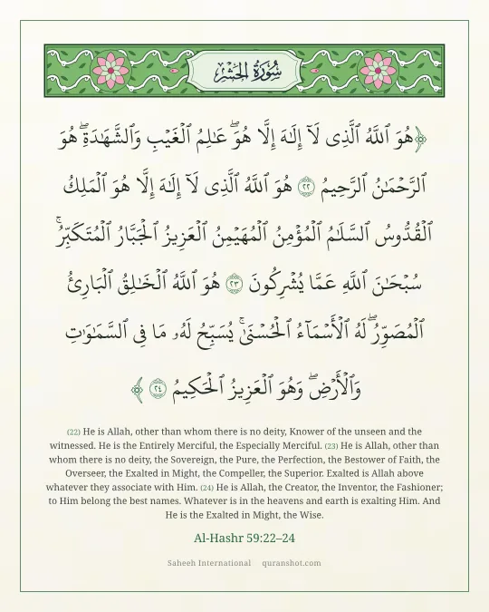 Al-Hashr 59:22–24 — هُوَ ٱللَّهُ ٱلَّذِى لَآ إِلَـٰهَ إِلَّا هُوَ ۖ عَـٰلِمُ ٱلْغَيْبِ وَٱلشَّهَـٰدَةِ ۖ هُوَ ٱلرَّحْمَـٰنُ ٱلرَّحِيمُ هُوَ ٱللَّهُ ٱلَّذِى لَآ إِلَـٰهَ إِلَّا هُوَ ٱلْمَلِكُ ٱلْقُدُّوسُ ٱلسَّلَـٰمُ ٱلْمُؤْمِنُ ٱلْمُهَيْمِنُ ٱلْعَزِيزُ ٱلْجَبَّارُ ٱلْمُتَكَبِّرُ ۚ سُبْحَـٰنَ ٱللَّهِ عَمَّا يُشْرِكُونَ هُوَ ٱللَّهُ ٱلْخَـٰلِقُ ٱلْبَارِئُ ٱلْمُصَوِّرُ ۖ لَهُ ٱلْأَسْمَآءُ ٱلْحُسْنَىٰ ۚ يُسَبِّحُ لَهُۥ مَا فِى ٱلسَّمَـٰوَٰتِ وَٱلْأَرْضِ ۖ وَهُوَ ٱلْعَزِيزُ ٱلْحَكِيمُ