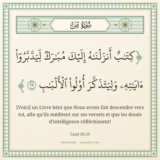 Saad 38:29 — كِتَـٰبٌ أَنزَلْنَـٰهُ إِلَيْكَ مُبَـٰرَكٌ لِّيَدَّبَّرُوٓا۟ ءَايَـٰتِهِۦ وَلِيَتَذَكَّرَ أُو۟لُوا۟ ٱلْأَلْبَـٰبِ