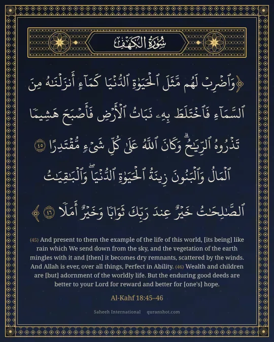 Al-Kahf 18:45–46 — وَٱضْرِبْ لَهُم مَّثَلَ ٱلْحَيَوٰةِ ٱلدُّنْيَا كَمَآءٍ أَنزَلْنَـٰهُ مِنَ ٱلسَّمَآءِ فَٱخْتَلَطَ بِهِۦ نَبَاتُ ٱلْأَرْضِ فَأَصْبَحَ هَشِيمًا تَذْرُوهُ ٱلرِّيَـٰحُ ۗ وَكَانَ ٱللَّهُ عَلَىٰ كُلِّ شَىْءٍ مُّقْتَدِرًا ٱلْمَالُ وَٱلْبَنُونَ زِينَةُ ٱلْحَيَوٰةِ ٱلدُّنْيَا ۖ وَٱلْبَـٰقِيَـٰتُ ٱلصَّـٰلِحَـٰتُ خَيْرٌ عِندَ رَبِّكَ ثَوَابًا وَخَيْرٌ أَمَلًا