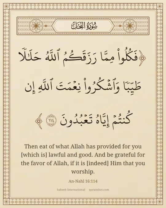 An-Nahl 16:114 — فَكُلُوا۟ مِمَّا رَزَقَكُمُ ٱللَّهُ حَلَـٰلًا طَيِّبًا وَٱشْكُرُوا۟ نِعْمَتَ ٱللَّهِ إِن كُنتُمْ إِيَّاهُ تَعْبُدُونَ