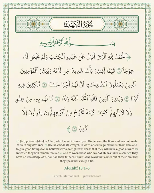 Al-Kahf 18:1–5 — ٱلْحَمْدُ لِلَّهِ ٱلَّذِىٓ أَنزَلَ عَلَىٰ عَبْدِهِ ٱلْكِتَـٰبَ وَلَمْ يَجْعَل لَّهُۥ عِوَجَا ۜ قَيِّمًا لِّيُنذِرَ بَأْسًا شَدِيدًا مِّن لَّدُنْهُ وَيُبَشِّرَ ٱلْمُؤْمِنِينَ ٱلَّذِينَ يَعْمَلُونَ ٱلصَّـٰلِحَـٰتِ أَنَّ لَهُمْ أَجْرًا حَسَنًا مَّـٰكِثِينَ فِيهِ أَبَدًا وَيُنذِرَ ٱلَّذِينَ قَالُوا۟ ٱتَّخَذَ ٱللَّهُ وَلَدًا مَّا لَهُم بِهِۦ مِنْ عِلْمٍ وَلَا لِـَٔابَآئِهِمْ ۚ كَبُرَتْ كَلِمَةً تَخْرُجُ مِنْ أَفْوَٰهِهِمْ ۚ إِن يَقُولُونَ إِلَّا كَذِبًا