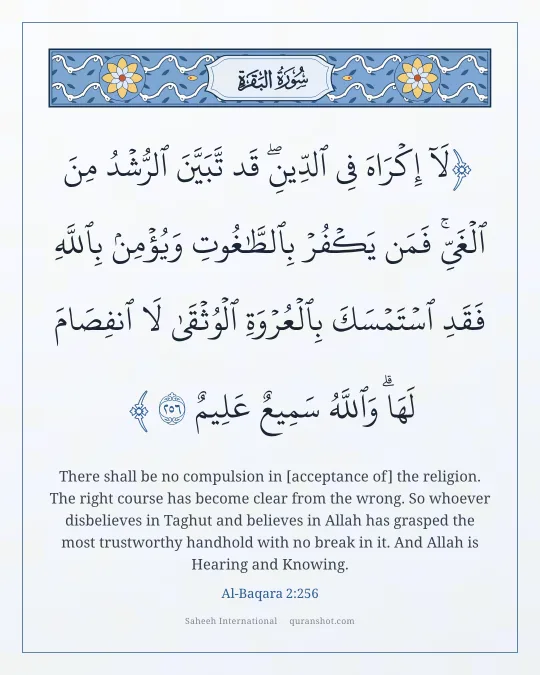 Al-Baqara 2:256 — لَآ إِكْرَاهَ فِى ٱلدِّينِ ۖ قَد تَّبَيَّنَ ٱلرُّشْدُ مِنَ ٱلْغَىِّ ۚ فَمَن يَكْفُرْ بِٱلطَّـٰغُوتِ وَيُؤْمِنۢ بِٱللَّهِ فَقَدِ ٱسْتَمْسَكَ بِٱلْعُرْوَةِ ٱلْوُثْقَىٰ لَا ٱنفِصَامَ لَهَا ۗ وَٱللَّهُ سَمِيعٌ عَلِيمٌ