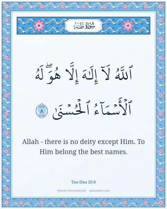 Taa-Haa 20:8 — ٱللَّهُ لَآ إِلَـٰهَ إِلَّا هُوَ ۖ لَهُ ٱلْأَسْمَآءُ ٱلْحُسْنَىٰ