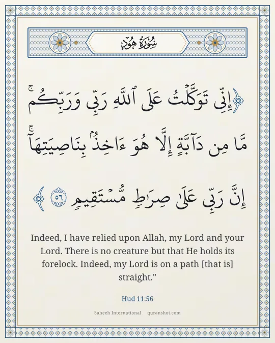 Hud 11:56 — إِنِّى تَوَكَّلْتُ عَلَى ٱللَّهِ رَبِّى وَرَبِّكُم ۚ مَّا مِن دَآبَّةٍ إِلَّا هُوَ ءَاخِذٌۢ بِنَاصِيَتِهَآ ۚ إِنَّ رَبِّى عَلَىٰ صِرَٰطٍ مُّسْتَقِيمٍ