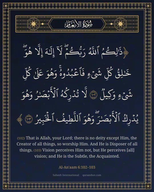 Al-An'aam 6:102–103 — ذَٰلِكُمُ ٱللَّهُ رَبُّكُمْ ۖ لَآ إِلَـٰهَ إِلَّا هُوَ ۖ خَـٰلِقُ كُلِّ شَىْءٍ فَٱعْبُدُوهُ ۚ وَهُوَ عَلَىٰ كُلِّ شَىْءٍ وَكِيلٌ لَّا تُدْرِكُهُ ٱلْأَبْصَـٰرُ وَهُوَ يُدْرِكُ ٱلْأَبْصَـٰرَ ۖ وَهُوَ ٱللَّطِيفُ ٱلْخَبِيرُ