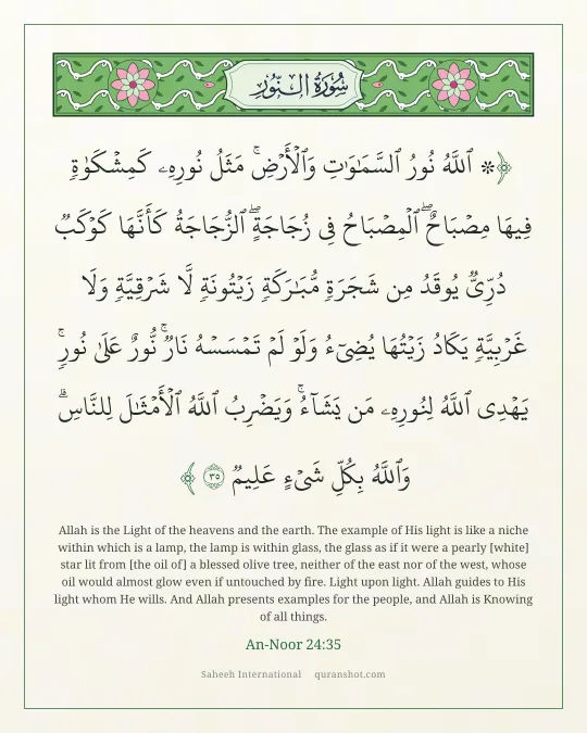 An-Noor 24:35 — ۞ ٱللَّهُ نُورُ ٱلسَّمَـٰوَٰتِ وَٱلْأَرْضِ ۚ مَثَلُ نُورِهِۦ كَمِشْكَوٰةٍ فِيهَا مِصْبَاحٌ ۖ ٱلْمِصْبَاحُ فِى زُجَاجَةٍ ۖ ٱلزُّجَاجَةُ كَأَنَّهَا كَوْكَبٌ دُرِّىٌّ يُوقَدُ مِن شَجَرَةٍ مُّبَـٰرَكَةٍ زَيْتُونَةٍ لَّا شَرْقِيَّةٍ وَلَا غَرْبِيَّةٍ يَكَادُ زَيْتُهَا يُضِىٓءُ وَلَوْ لَمْ تَمْسَسْهُ نَارٌ ۚ نُّورٌ عَلَىٰ نُورٍ ۗ يَهْدِى ٱللَّهُ لِنُورِهِۦ مَن يَشَآءُ ۚ وَيَضْرِبُ ٱللَّهُ ٱلْأَمْثَـٰلَ لِلنَّاسِ ۗ وَٱللَّهُ بِكُلِّ شَىْءٍ عَلِيمٌ