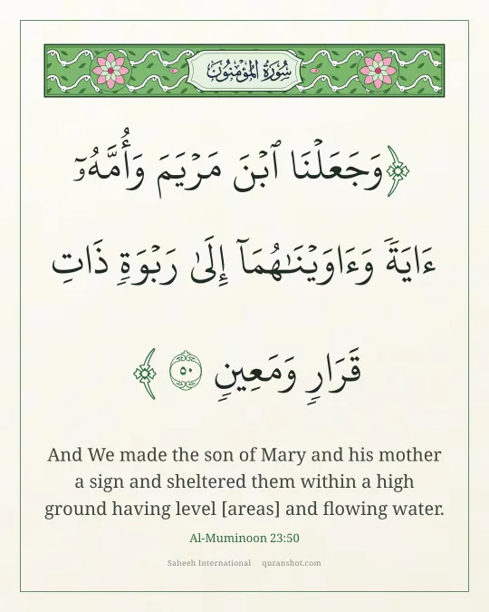 Al-Muminoon 23:50 — وَجَعَلْنَا ٱبْنَ مَرْيَمَ وَأُمَّهُۥٓ ءَايَةً وَءَاوَيْنَـٰهُمَآ إِلَىٰ رَبْوَةٍ ذَاتِ قَرَارٍ وَمَعِينٍ