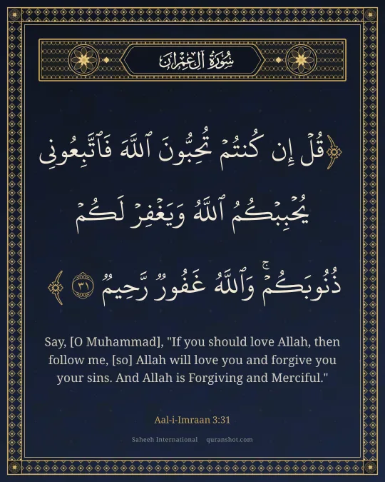 Aal-i-Imraan 3:31 — قُلْ إِن كُنتُمْ تُحِبُّونَ ٱللَّهَ فَٱتَّبِعُونِى يُحْبِبْكُمُ ٱللَّهُ وَيَغْفِرْ لَكُمْ ذُنُوبَكُمْ ۗ وَٱللَّهُ غَفُورٌ رَّحِيمٌ