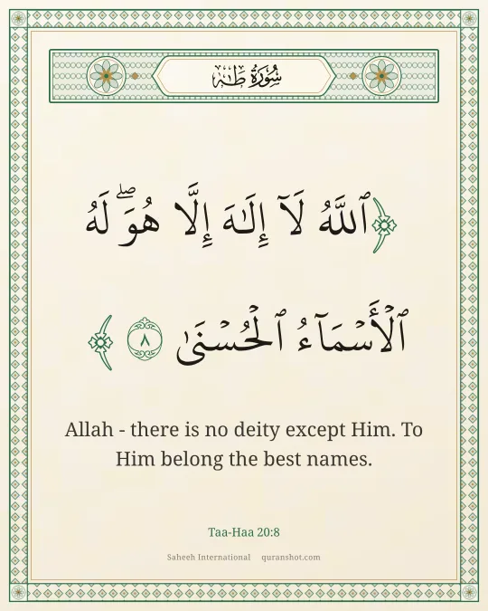 Taa-Haa 20:8 — ٱللَّهُ لَآ إِلَـٰهَ إِلَّا هُوَ ۖ لَهُ ٱلْأَسْمَآءُ ٱلْحُسْنَىٰ