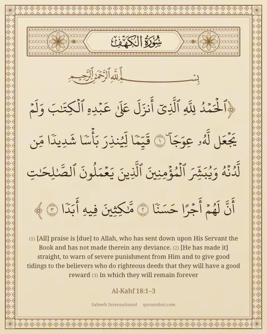 Al-Kahf 18:1–3 — ٱلْحَمْدُ لِلَّهِ ٱلَّذِىٓ أَنزَلَ عَلَىٰ عَبْدِهِ ٱلْكِتَـٰبَ وَلَمْ يَجْعَل لَّهُۥ عِوَجَا ۜ قَيِّمًا لِّيُنذِرَ بَأْسًا شَدِيدًا مِّن لَّدُنْهُ وَيُبَشِّرَ ٱلْمُؤْمِنِينَ ٱلَّذِينَ يَعْمَلُونَ ٱلصَّـٰلِحَـٰتِ أَنَّ لَهُمْ أَجْرًا حَسَنًا مَّـٰكِثِينَ فِيهِ أَبَدًا