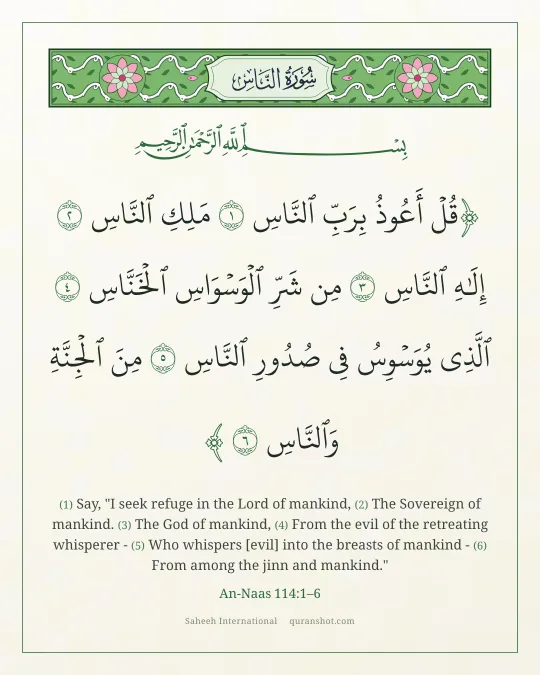 An-Naas 114:1–6 — قُلْ أَعُوذُ بِرَبِّ ٱلنَّاسِ مَلِكِ ٱلنَّاسِ إِلَـٰهِ ٱلنَّاسِ مِن شَرِّ ٱلْوَسْوَاسِ ٱلْخَنَّاسِ ٱلَّذِى يُوَسْوِسُ فِى صُدُورِ ٱلنَّاسِ مِنَ ٱلْجِنَّةِ وَٱلنَّاسِ