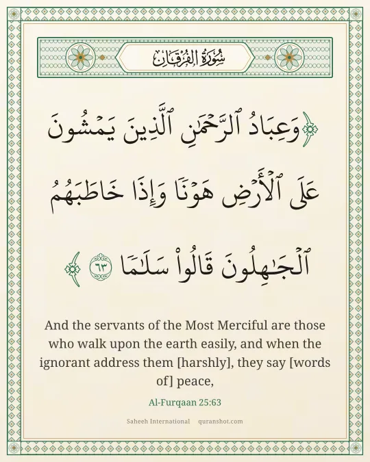 Al-Furqaan 25:63 — وَعِبَادُ ٱلرَّحْمَـٰنِ ٱلَّذِينَ يَمْشُونَ عَلَى ٱلْأَرْضِ هَوْنًا وَإِذَا خَاطَبَهُمُ ٱلْجَـٰهِلُونَ قَالُوا۟ سَلَـٰمًا