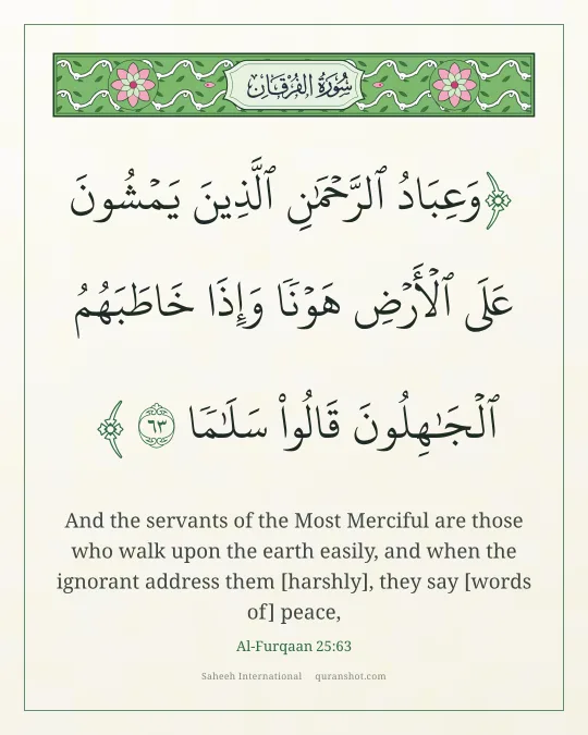 Al-Furqaan 25:63 — وَعِبَادُ ٱلرَّحْمَـٰنِ ٱلَّذِينَ يَمْشُونَ عَلَى ٱلْأَرْضِ هَوْنًا وَإِذَا خَاطَبَهُمُ ٱلْجَـٰهِلُونَ قَالُوا۟ سَلَـٰمًا