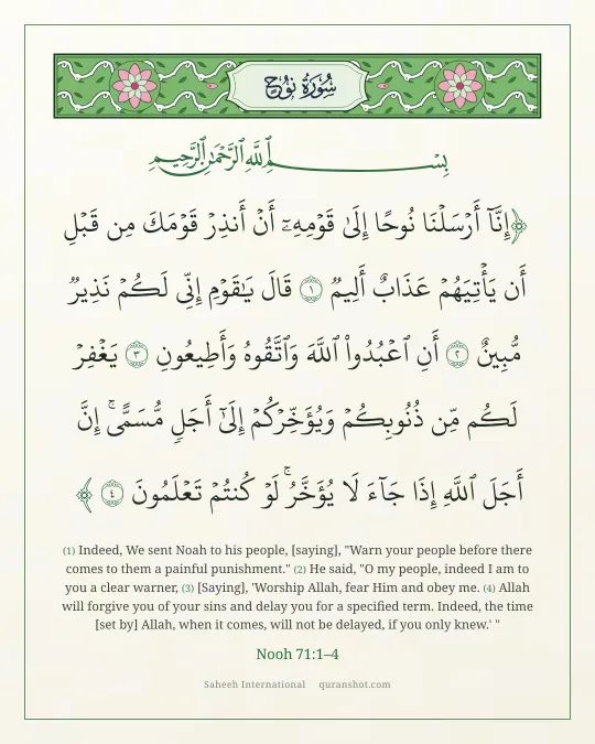 Nooh 71:1–4 — إِنَّآ أَرْسَلْنَا نُوحًا إِلَىٰ قَوْمِهِۦٓ أَنْ أَنذِرْ قَوْمَكَ مِن قَبْلِ أَن يَأْتِيَهُمْ عَذَابٌ أَلِيمٌ قَالَ يَـٰقَوْمِ إِنِّى لَكُمْ نَذِيرٌ مُّبِينٌ أَنِ ٱعْبُدُوا۟ ٱللَّهَ وَٱتَّقُوهُ وَأَطِيعُونِ يَغْفِرْ لَكُم مِّن ذُنُوبِكُمْ وَيُؤَخِّرْكُمْ إِلَىٰٓ أَجَلٍ مُّسَمًّى ۚ إِنَّ أَجَلَ ٱللَّهِ إِذَا جَآءَ لَا يُؤَخَّرُ ۖ لَوْ كُنتُمْ تَعْلَمُونَ