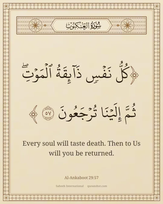 Al-Ankaboot 29:57 — كُلُّ نَفْسٍ ذَآئِقَةُ ٱلْمَوْتِ ۖ ثُمَّ إِلَيْنَا تُرْجَعُونَ