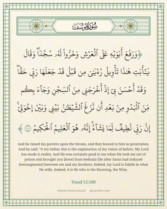 Yusuf 12:100 — وَرَفَعَ أَبَوَيْهِ عَلَى ٱلْعَرْشِ وَخَرُّوا۟ لَهُۥ سُجَّدًا ۖ وَقَالَ يَـٰٓأَبَتِ هَـٰذَا تَأْوِيلُ رُءْيَـٰىَ مِن قَبْلُ قَدْ جَعَلَهَا رَبِّى حَقًّا ۖ وَقَدْ أَحْسَنَ بِىٓ إِذْ أَخْرَجَنِى مِنَ ٱلسِّجْنِ وَجَآءَ بِكُم مِّنَ ٱلْبَدْوِ مِنۢ بَعْدِ أَن نَّزَغَ ٱلشَّيْطَـٰنُ بَيْنِى وَبَيْنَ إِخْوَتِىٓ ۚ إِنَّ رَبِّى لَطِيفٌ لِّمَا يَشَآءُ ۚ إِنَّهُۥ هُوَ ٱلْعَلِيمُ ٱلْحَكِيمُ