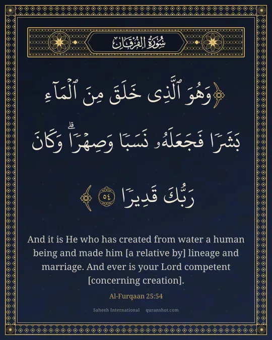 Al-Furqaan 25:54 — وَهُوَ ٱلَّذِى خَلَقَ مِنَ ٱلْمَآءِ بَشَرًا فَجَعَلَهُۥ نَسَبًا وَصِهْرًا ۗ وَكَانَ رَبُّكَ قَدِيرًا