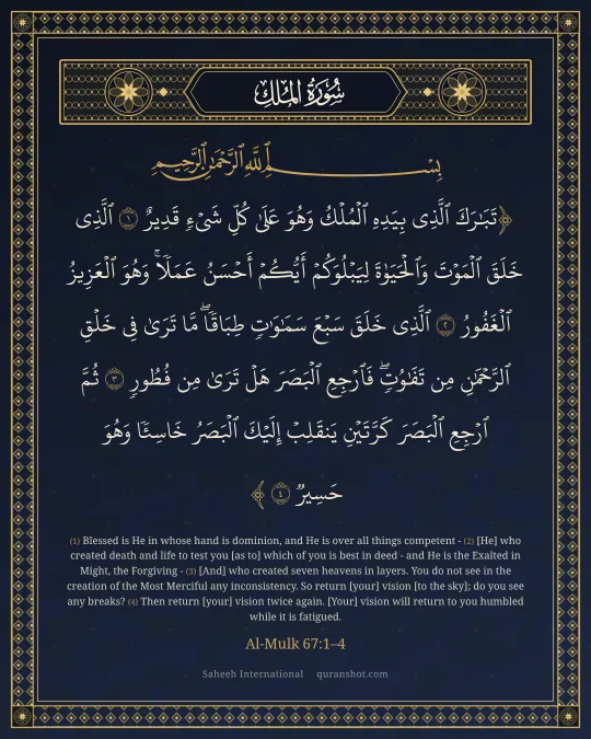 Al-Mulk 67:1–4 — تَبَـٰرَكَ ٱلَّذِى بِيَدِهِ ٱلْمُلْكُ وَهُوَ عَلَىٰ كُلِّ شَىْءٍ قَدِيرٌ ٱلَّذِى خَلَقَ ٱلْمَوْتَ وَٱلْحَيَوٰةَ لِيَبْلُوَكُمْ أَيُّكُمْ أَحْسَنُ عَمَلًا ۚ وَهُوَ ٱلْعَزِيزُ ٱلْغَفُورُ ٱلَّذِى خَلَقَ سَبْعَ سَمَـٰوَٰتٍ طِبَاقًا ۖ مَّا تَرَىٰ فِى خَلْقِ ٱلرَّحْمَـٰنِ مِن تَفَـٰوُتٍ ۖ فَٱرْجِعِ ٱلْبَصَرَ هَلْ تَرَىٰ مِن فُطُورٍ ثُمَّ ٱرْجِعِ ٱلْبَصَرَ كَرَّتَيْنِ يَنقَلِبْ إِلَيْكَ ٱلْبَصَرُ خَاسِئًا وَهُوَ حَسِيرٌ