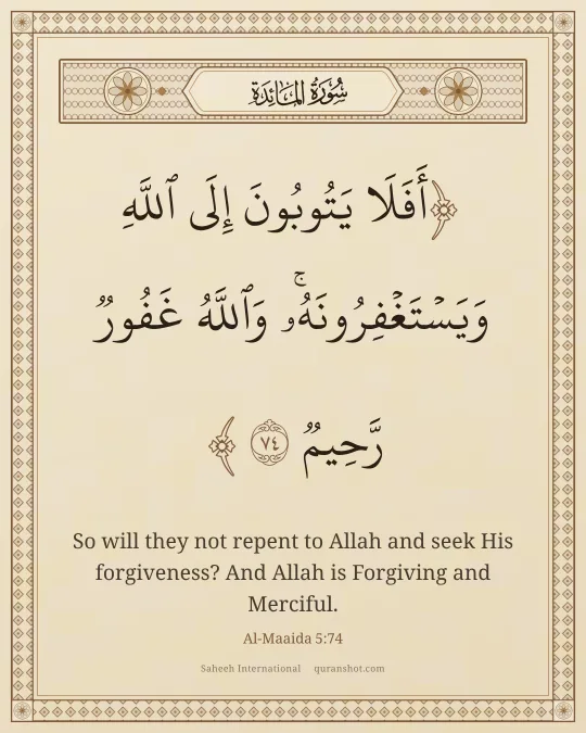Al-Maaida 5:74 — أَفَلَا يَتُوبُونَ إِلَى ٱللَّهِ وَيَسْتَغْفِرُونَهُۥ ۚ وَٱللَّهُ غَفُورٌ رَّحِيمٌ