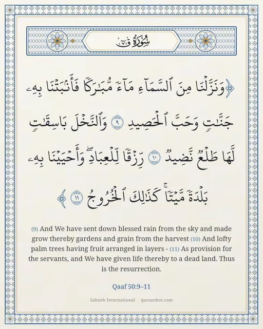 Qaaf 50:9–11 — وَنَزَّلْنَا مِنَ ٱلسَّمَآءِ مَآءً مُّبَـٰرَكًا فَأَنۢبَتْنَا بِهِۦ جَنَّـٰتٍ وَحَبَّ ٱلْحَصِيدِ وَٱلنَّخْلَ بَاسِقَـٰتٍ لَّهَا طَلْعٌ نَّضِيدٌ رِّزْقًا لِّلْعِبَادِ ۖ وَأَحْيَيْنَا بِهِۦ بَلْدَةً مَّيْتًا ۚ كَذَٰلِكَ ٱلْخُرُوجُ