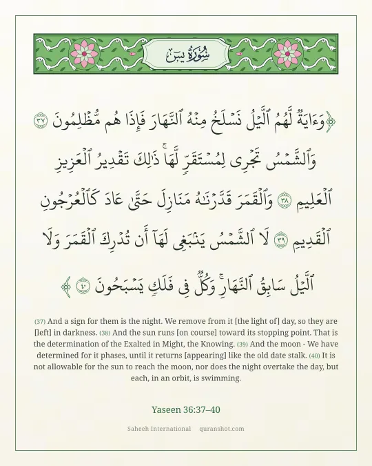Yaseen 36:37–40 — وَءَايَةٌ لَّهُمُ ٱلَّيْلُ نَسْلَخُ مِنْهُ ٱلنَّهَارَ فَإِذَا هُم مُّظْلِمُونَ وَٱلشَّمْسُ تَجْرِى لِمُسْتَقَرٍّ لَّهَا ۚ ذَٰلِكَ تَقْدِيرُ ٱلْعَزِيزِ ٱلْعَلِيمِ وَٱلْقَمَرَ قَدَّرْنَـٰهُ مَنَازِلَ حَتَّىٰ عَادَ كَٱلْعُرْجُونِ ٱلْقَدِيمِ لَا ٱلشَّمْسُ يَنۢبَغِى لَهَآ أَن تُدْرِكَ ٱلْقَمَرَ وَلَا ٱلَّيْلُ سَابِقُ ٱلنَّهَارِ ۚ وَكُلٌّ فِى فَلَكٍ يَسْبَحُونَ