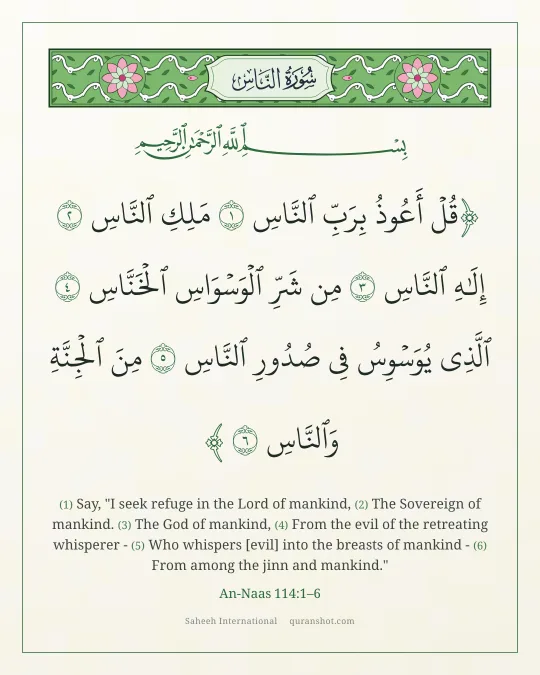 An-Naas 114:1–6 — قُلْ أَعُوذُ بِرَبِّ ٱلنَّاسِ مَلِكِ ٱلنَّاسِ إِلَـٰهِ ٱلنَّاسِ مِن شَرِّ ٱلْوَسْوَاسِ ٱلْخَنَّاسِ ٱلَّذِى يُوَسْوِسُ فِى صُدُورِ ٱلنَّاسِ مِنَ ٱلْجِنَّةِ وَٱلنَّاسِ