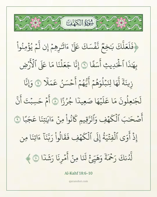 Al-Kahf 18:6–10 — فَلَعَلَّكَ بَـٰخِعٌ نَّفْسَكَ عَلَىٰٓ ءَاثَـٰرِهِمْ إِن لَّمْ يُؤْمِنُوا۟ بِهَـٰذَا ٱلْحَدِيثِ أَسَفًا إِنَّا جَعَلْنَا مَا عَلَى ٱلْأَرْضِ زِينَةً لَّهَا لِنَبْلُوَهُمْ أَيُّهُمْ أَحْسَنُ عَمَلًا وَإِنَّا لَجَـٰعِلُونَ مَا عَلَيْهَا صَعِيدًا جُرُزًا أَمْ حَسِبْتَ أَنَّ أَصْحَـٰبَ ٱلْكَهْفِ وَٱلرَّقِيمِ كَانُوا۟ مِنْ ءَايَـٰتِنَا عَجَبًا إِذْ أَوَى ٱلْفِتْيَةُ إِلَى ٱلْكَهْفِ فَقَالُوا۟ رَبَّنَآ ءَاتِنَا مِن لَّدُنكَ رَحْمَةً وَهَيِّئْ لَنَا مِنْ أَمْرِنَا رَشَدًا
