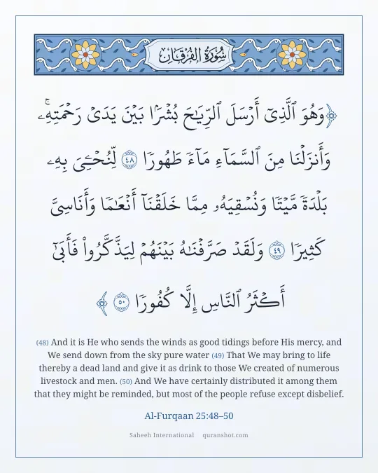 Al-Furqaan 25:48–50 — وَهُوَ ٱلَّذِىٓ أَرْسَلَ ٱلرِّيَـٰحَ بُشْرًۢا بَيْنَ يَدَىْ رَحْمَتِهِۦ ۚ وَأَنزَلْنَا مِنَ ٱلسَّمَآءِ مَآءً طَهُورًا لِّنُحْـِۧىَ بِهِۦ بَلْدَةً مَّيْتًا وَنُسْقِيَهُۥ مِمَّا خَلَقْنَآ أَنْعَـٰمًا وَأَنَاسِىَّ كَثِيرًا وَلَقَدْ صَرَّفْنَـٰهُ بَيْنَهُمْ لِيَذَّكَّرُوا۟ فَأَبَىٰٓ أَكْثَرُ ٱلنَّاسِ إِلَّا كُفُورًا