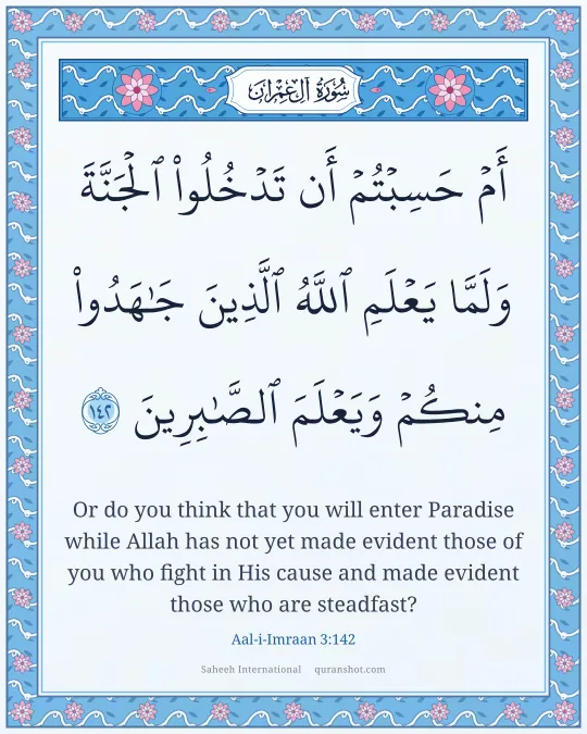 Aal-i-Imraan 3:142 — أَمْ حَسِبْتُمْ أَن تَدْخُلُوا۟ ٱلْجَنَّةَ وَلَمَّا يَعْلَمِ ٱللَّهُ ٱلَّذِينَ جَـٰهَدُوا۟ مِنكُمْ وَيَعْلَمَ ٱلصَّـٰبِرِينَ