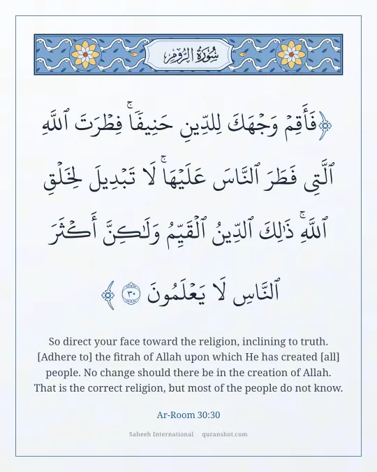 Ar-Room 30:30 — فَأَقِمْ وَجْهَكَ لِلدِّينِ حَنِيفًا ۚ فِطْرَتَ ٱللَّهِ ٱلَّتِى فَطَرَ ٱلنَّاسَ عَلَيْهَا ۚ لَا تَبْدِيلَ لِخَلْقِ ٱللَّهِ ۚ ذَٰلِكَ ٱلدِّينُ ٱلْقَيِّمُ وَلَـٰكِنَّ أَكْثَرَ ٱلنَّاسِ لَا يَعْلَمُونَ