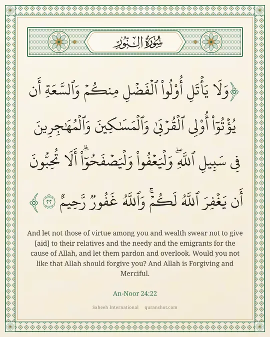 An-Noor 24:22 — وَلَا يَأْتَلِ أُو۟لُوا۟ ٱلْفَضْلِ مِنكُمْ وَٱلسَّعَةِ أَن يُؤْتُوٓا۟ أُو۟لِى ٱلْقُرْبَىٰ وَٱلْمَسَـٰكِينَ وَٱلْمُهَـٰجِرِينَ فِى سَبِيلِ ٱللَّهِ ۖ وَلْيَعْفُوا۟ وَلْيَصْفَحُوٓا۟ ۗ أَلَا تُحِبُّونَ أَن يَغْفِرَ ٱللَّهُ لَكُمْ ۗ وَٱللَّهُ غَفُورٌ رَّحِيمٌ