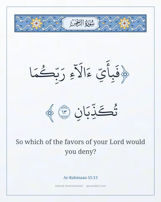 Ar-Rahmaan 55:13 — فَبِأَىِّ ءَالَآءِ رَبِّكُمَا تُكَذِّبَانِ