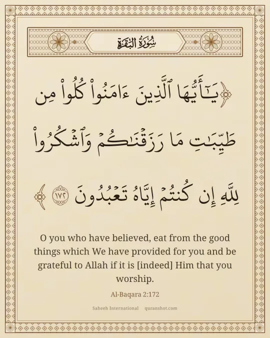 Al-Baqara 2:172 — يَـٰٓأَيُّهَا ٱلَّذِينَ ءَامَنُوا۟ كُلُوا۟ مِن طَيِّبَـٰتِ مَا رَزَقْنَـٰكُمْ وَٱشْكُرُوا۟ لِلَّهِ إِن كُنتُمْ إِيَّاهُ تَعْبُدُونَ
