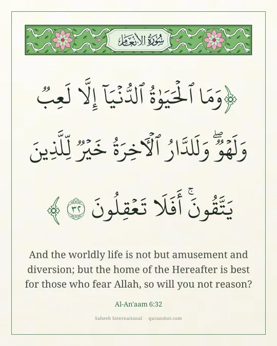 Al-An'aam 6:32 — وَمَا ٱلْحَيَوٰةُ ٱلدُّنْيَآ إِلَّا لَعِبٌ وَلَهْوٌ ۖ وَلَلدَّارُ ٱلْـَٔاخِرَةُ خَيْرٌ لِّلَّذِينَ يَتَّقُونَ ۗ أَفَلَا تَعْقِلُونَ