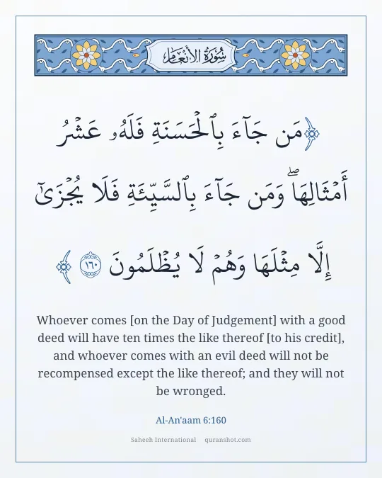 Al-An'aam 6:160 — مَن جَآءَ بِٱلْحَسَنَةِ فَلَهُۥ عَشْرُ أَمْثَالِهَا ۖ وَمَن جَآءَ بِٱلسَّيِّئَةِ فَلَا يُجْزَىٰٓ إِلَّا مِثْلَهَا وَهُمْ لَا يُظْلَمُونَ